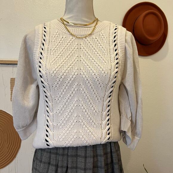 LOFT White Chunky Cotton Knit Woven Stitch Pullover Sweater Vest - M - Picture 2 of 11
